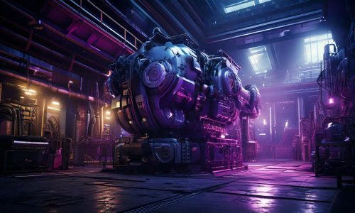 Eine große Maschine steht in einer lila schimmernden Industriehalle