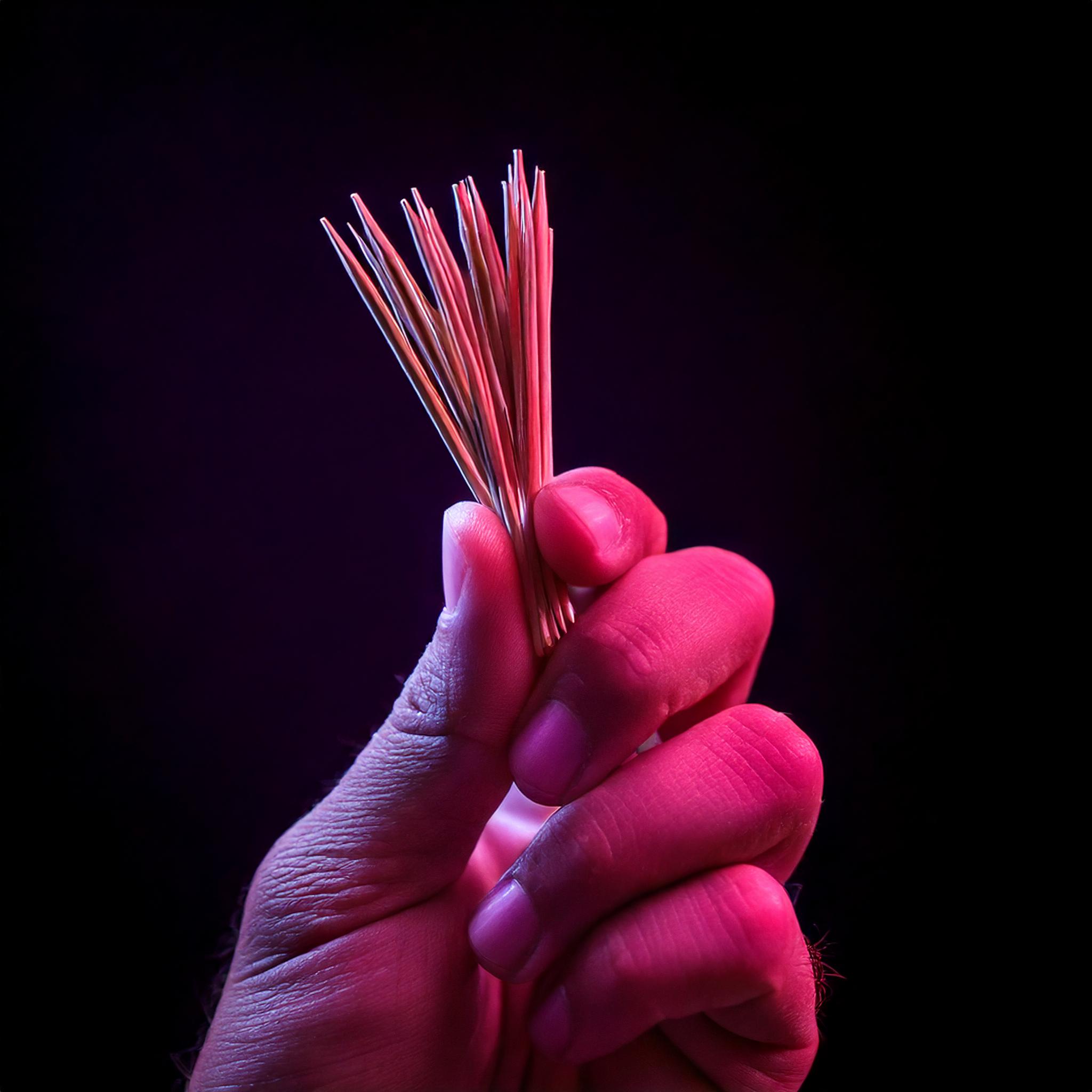 Zahnstocher in einer Hand im mit magentafarbenen Highlights