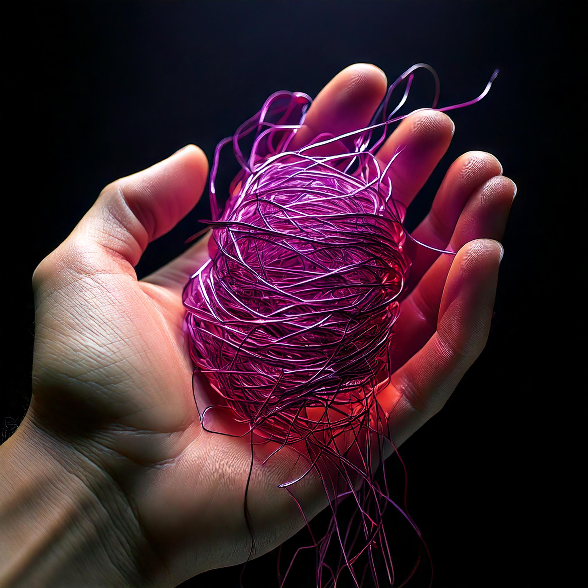Magentafarbener Metallfaden in einer Hand