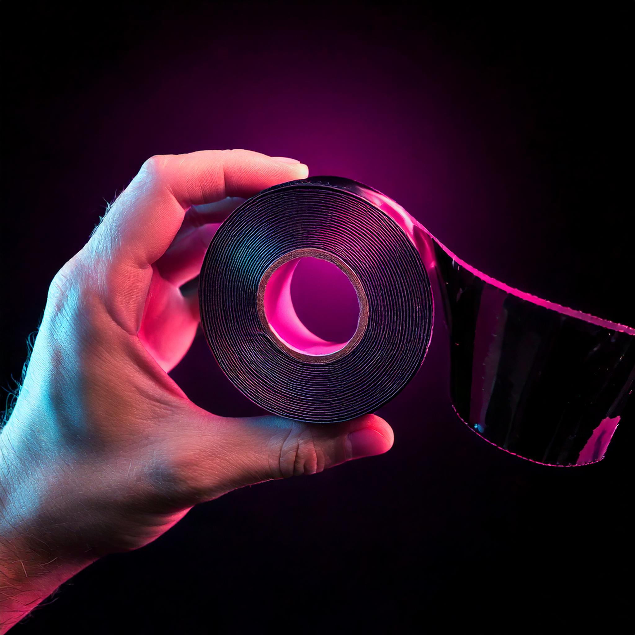 Schwarzes Gaffatape in einer Hand mit magentafarbenen Highlights
