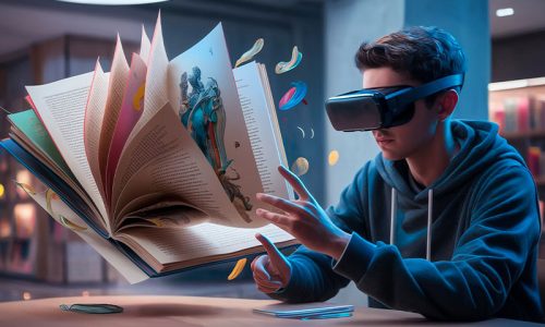 Eine Person mit AR-Headset wischt eine Buchseite nach vorne