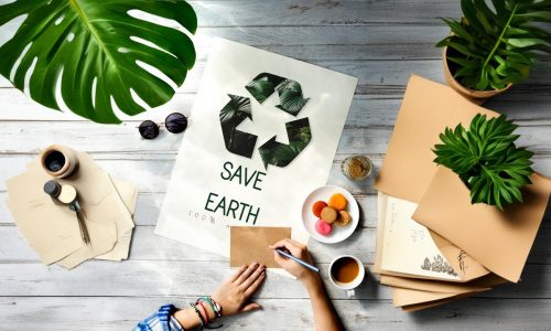 Eine Person sitzt an einem Tisch mit Pflanzen, einer Tasse Kaffee und Pflanzen, in der Mitte ein "Save Earth"-Banner