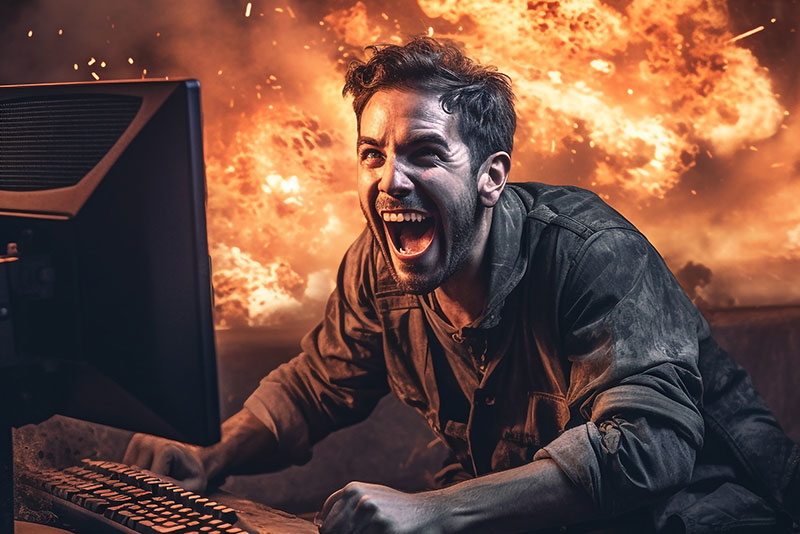 Ein Mann sitzt freudestrahlend an einem Computer, während hinter ihm ein großes Feuer aufgeht