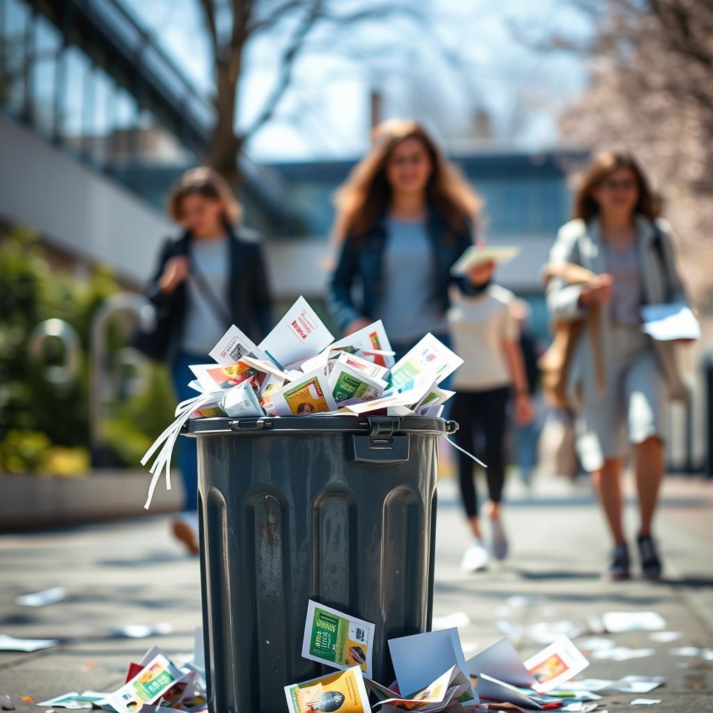 Ein Mülleimer, Flyer liegen in ihm und drumherum