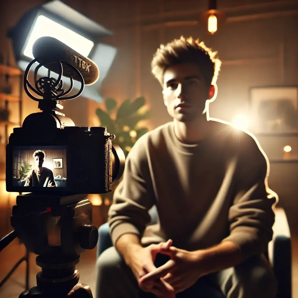 Eine Person sitzt vor einer Kamera mit Mikro und filmt sich dabei