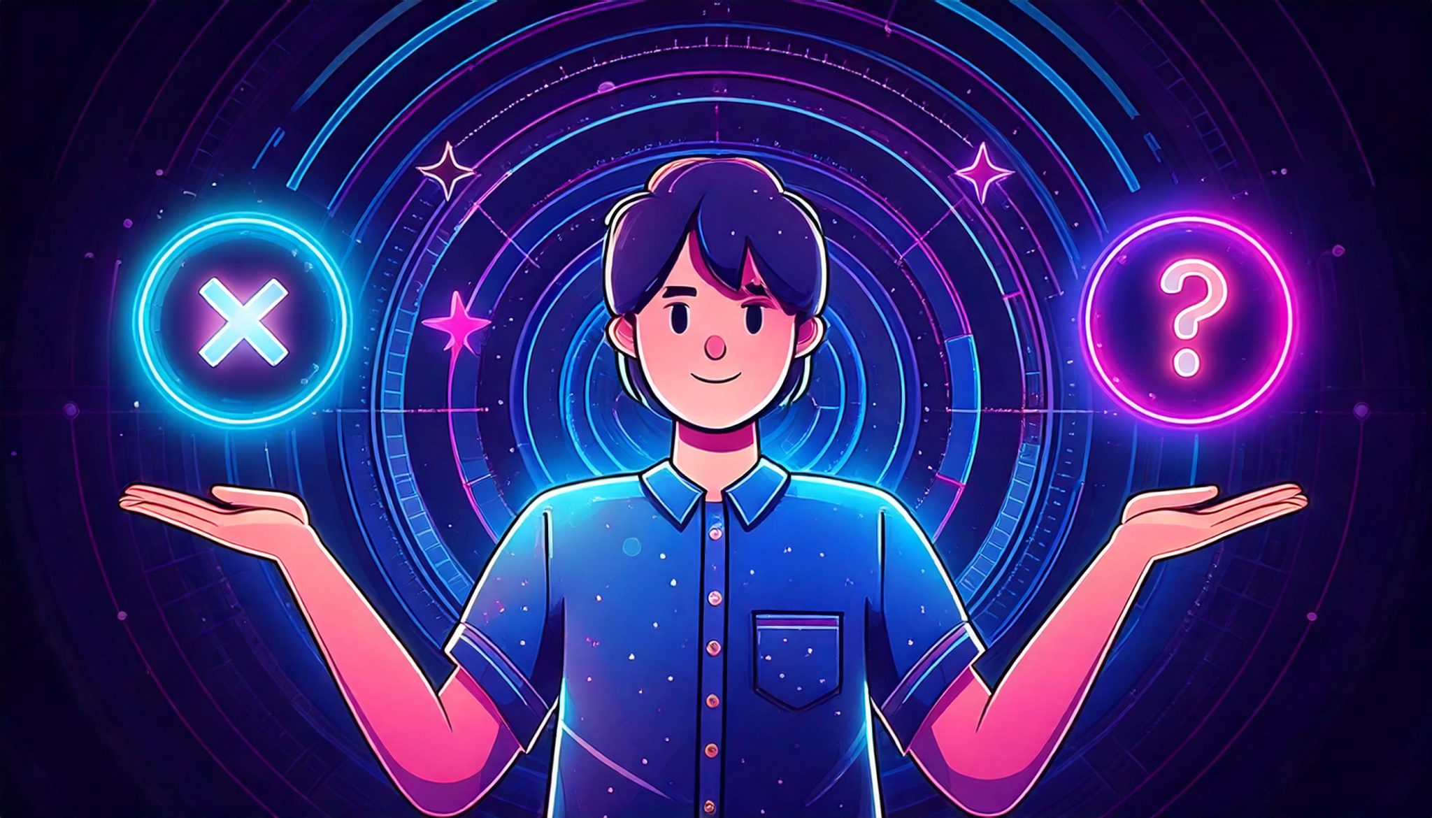 Eine gezeichnete Person, auf deren Hänge jeweils ein Kreuz oder Fragezeichen abgebildet ist