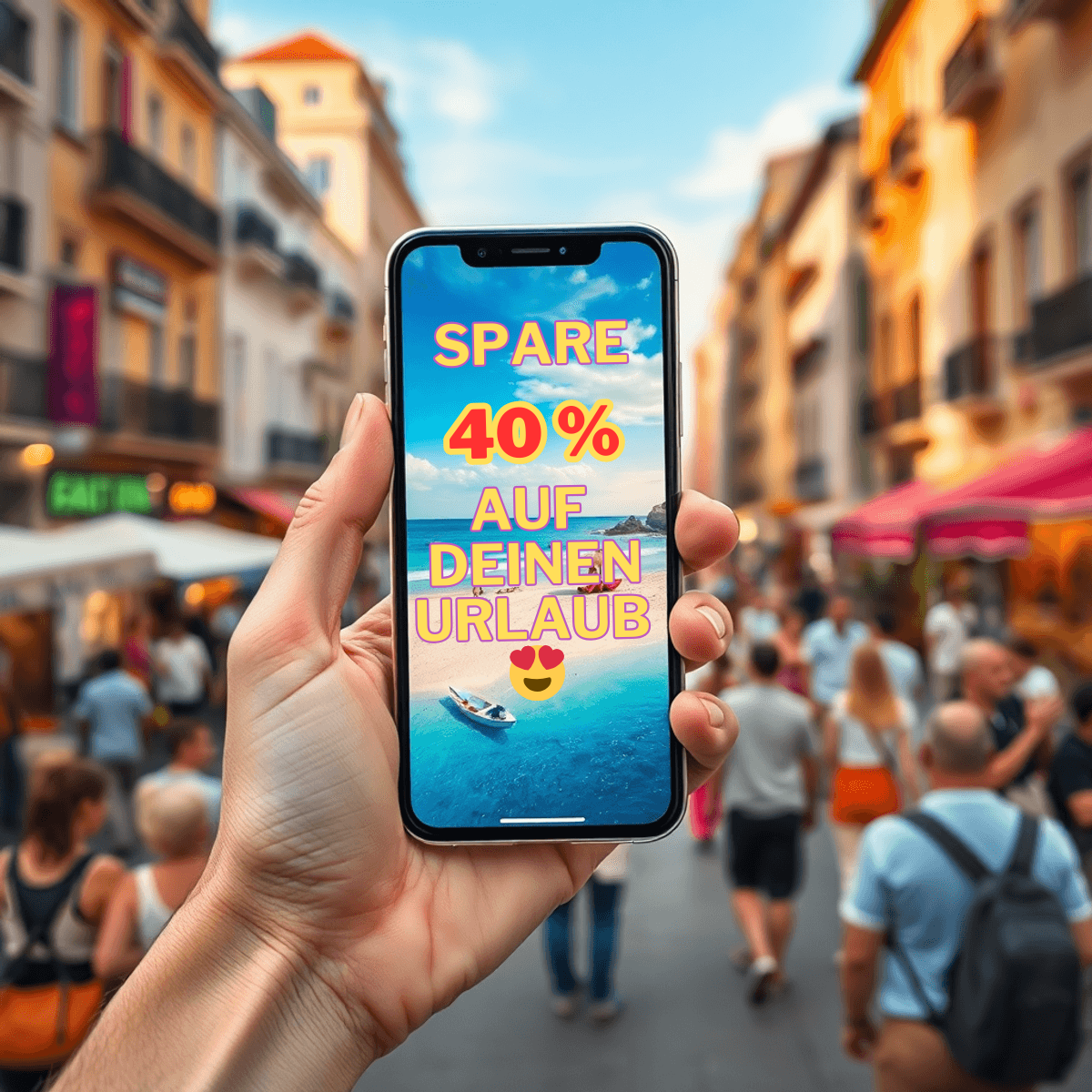 Ein Smartphonedisplay, das den folgenden Text zeigt: "Spare 40 % auf deinen Urlaub"