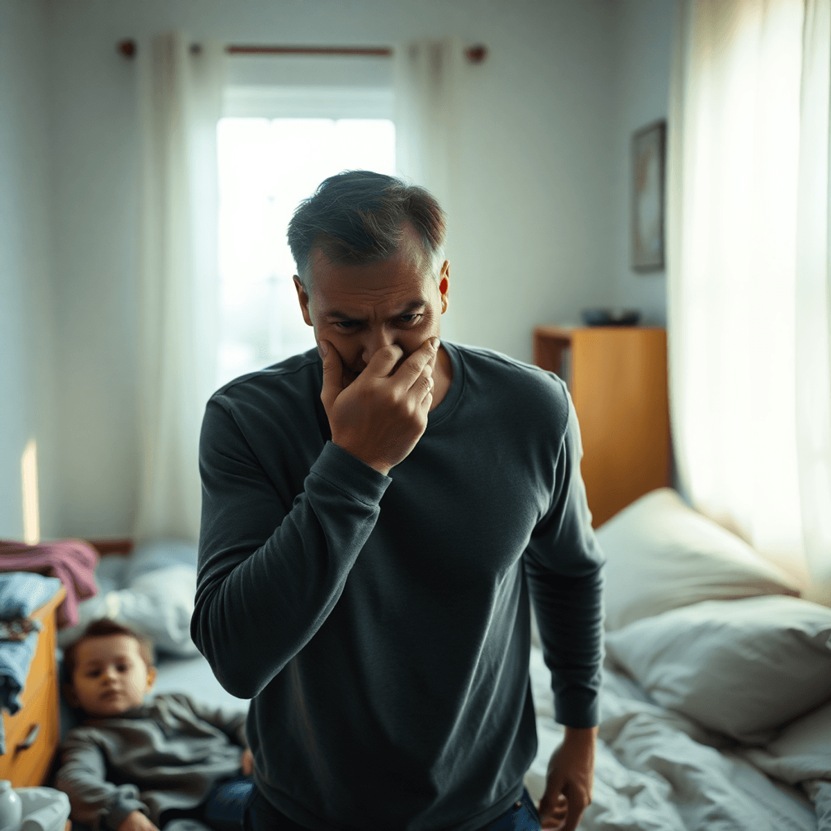 Ein Mann sitzt auf seinem Bett und hält sich die Nase und den Mund zu