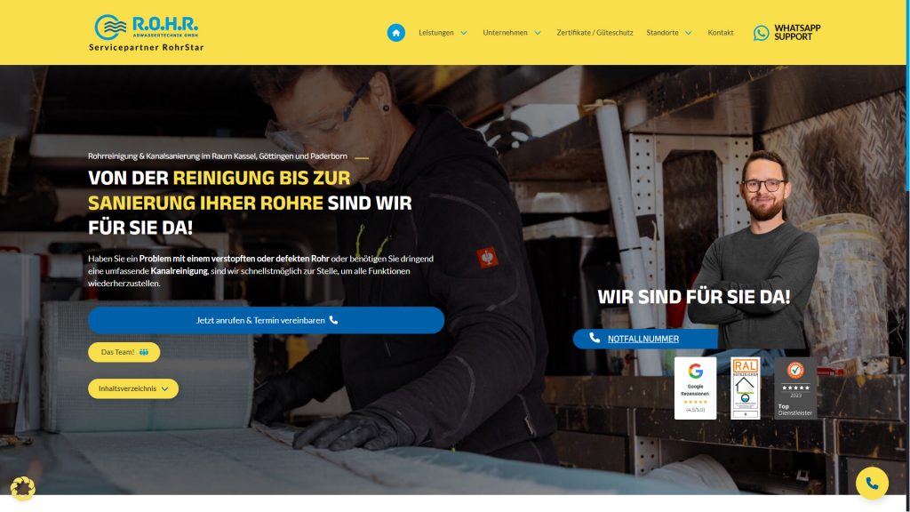 Ein Screenshot der Homepage der R.O.H.R. Abwassertechnik GmbH