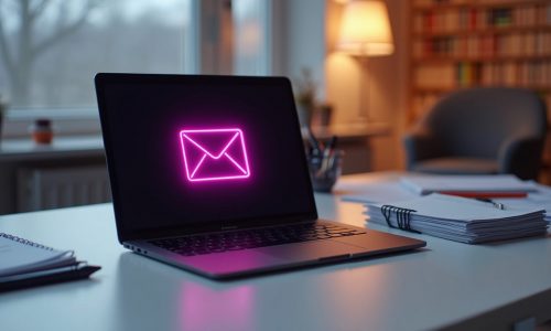 Ein Laptop mit leuchtenden E-Mail-Symbolen und Marketing-Dashboards, eine visuelle Darstellung von datengetriebenem E-Mail Marketing und Kampagnenoptimierung
