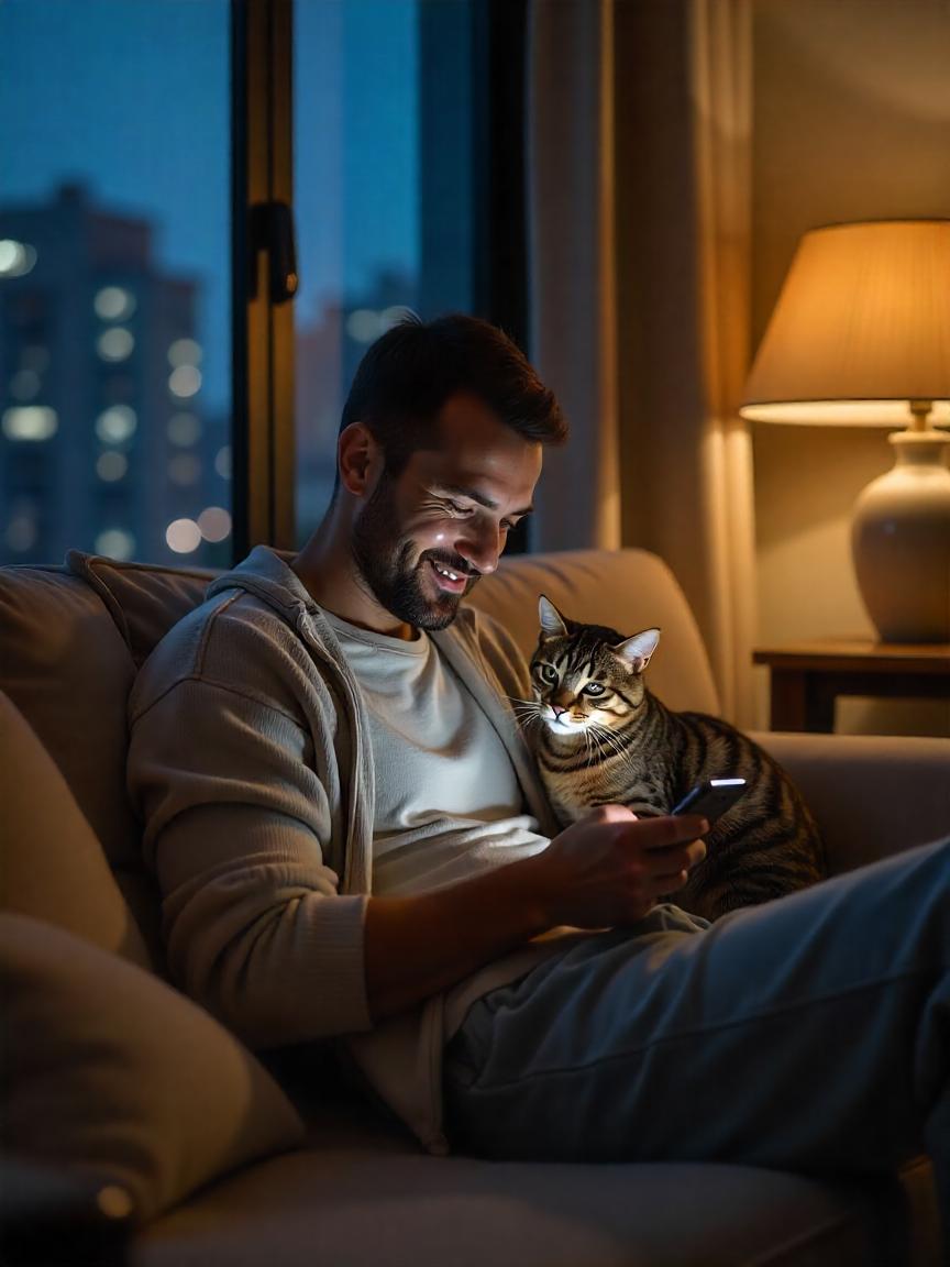 Ein Mann sitzt mit seiner Katze auf dem Sofa und hält sein Smartphone in der Hand, während er lächelt.