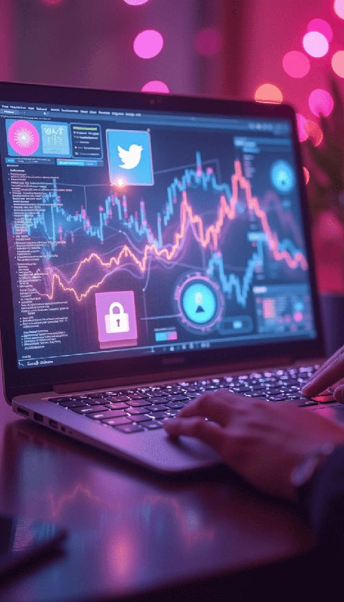 Ein Laptop-Bildschirm zeigt Datenanalysen, Social-Media-Symbole und ein Sicherheitssymbol, eine visuelle Darstellung der Vorteile von Social Recruiting.