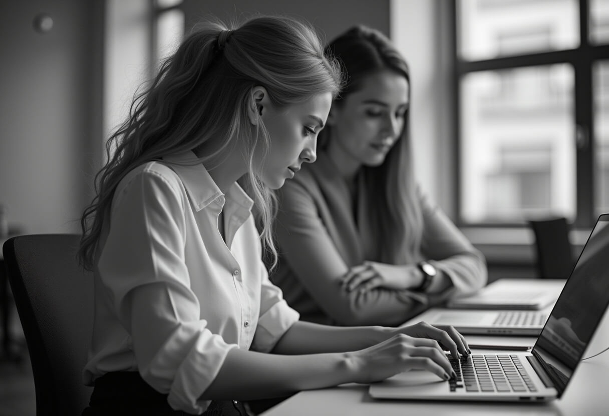 Zwei Frauen arbeiten konzentriert an ihren Laptops, eine Szene, die strategische Planung und Analyse im E-Mail Marketing symbolisiert