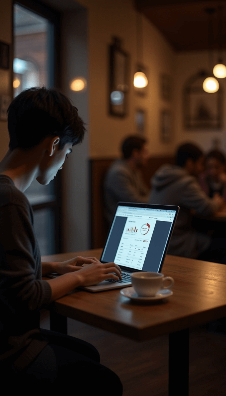 Eine Person arbeitet in einem Café an einer E-Mail Marketing Kampagne, während auf dem Bildschirm Analysedaten und Performance-Kennzahlen zu sehen sind.