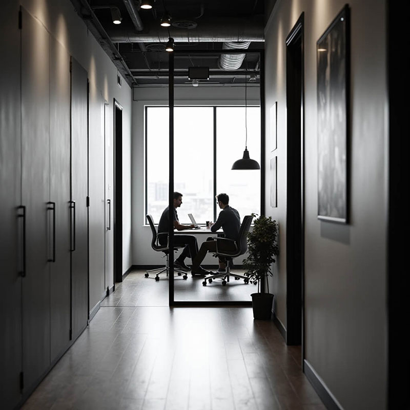 Zwei Personen sitzen in einem modernen Büro und führen ein strategisches Gespräch über die Vorteile von Social Recruiting