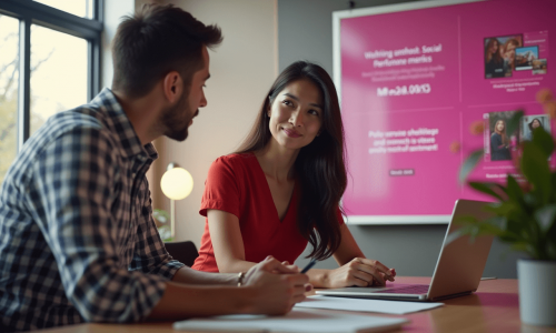 Ein Team diskutiert in einem modernen Büro über Recruiting-Strategien, während auf einem Bildschirm Datenanalysen angezeigt werden, eine Darstellung der Vorteile von Social Recruiting