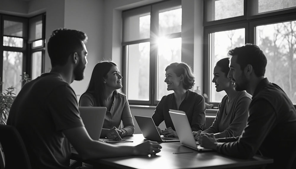 Ein Team von HR-Experten sitzt in einem modernen Büro zusammen und bespricht Strategien am Laptop, ein Symbol für die Vorteile von Social Recruiting.