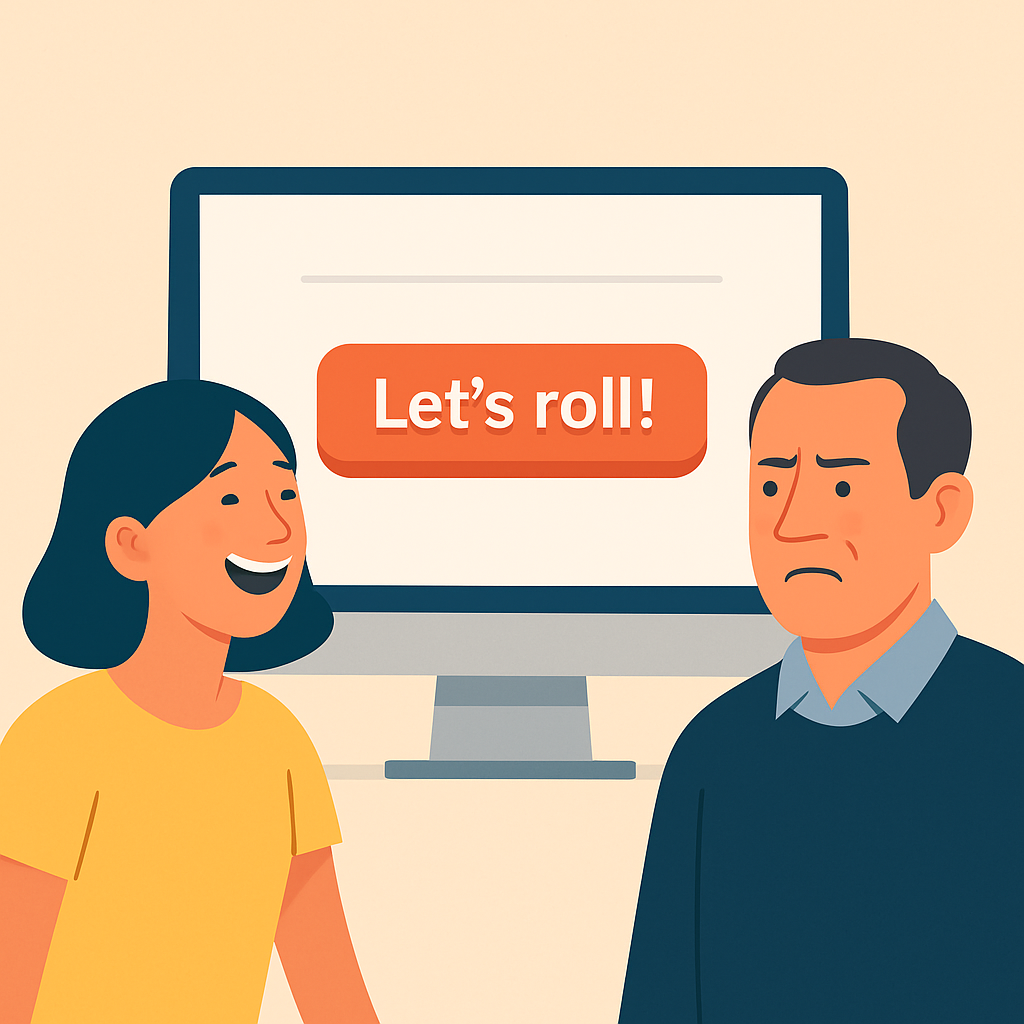 Zwei Personen schauen auf denselben Button mit witzigem Text – eine lacht, die andere schaut verärgert.