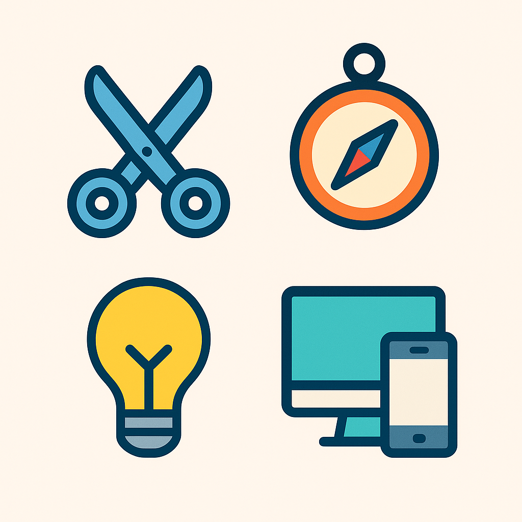 Vier farbige Icons in einem Quadrat: eine Schere, ein Kompass, eine Glühbirne und ein Monitor mit Smartphone.