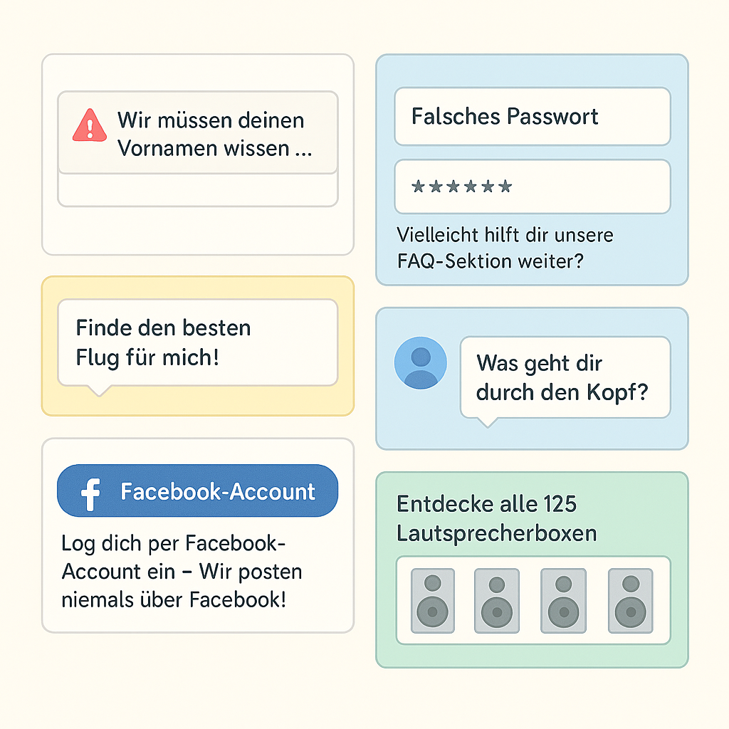 Illustration mit sieben UI-Elementen in Deutsch: Formularhinweis, Passwortfehler, 404-Seite, Flugsuchfeld, Facebook-Login, Social-Media-Textbox und Produktübersicht.