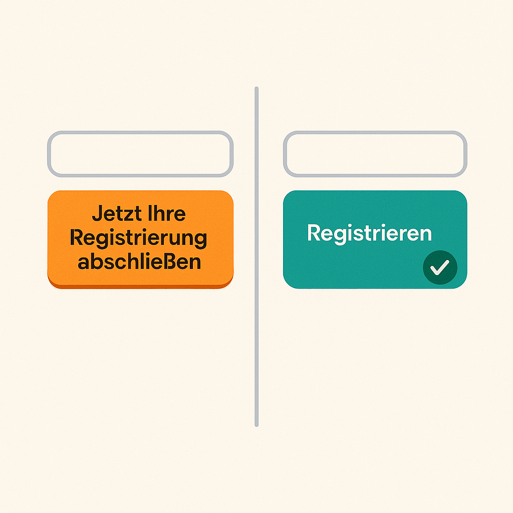 Zwei nebeneinander dargestellte Buttons: links ein langer Text „Jetzt Ihre Registrierung abschließen“, rechts ein kurzer Button „Registrieren“ mit grünem Haken.