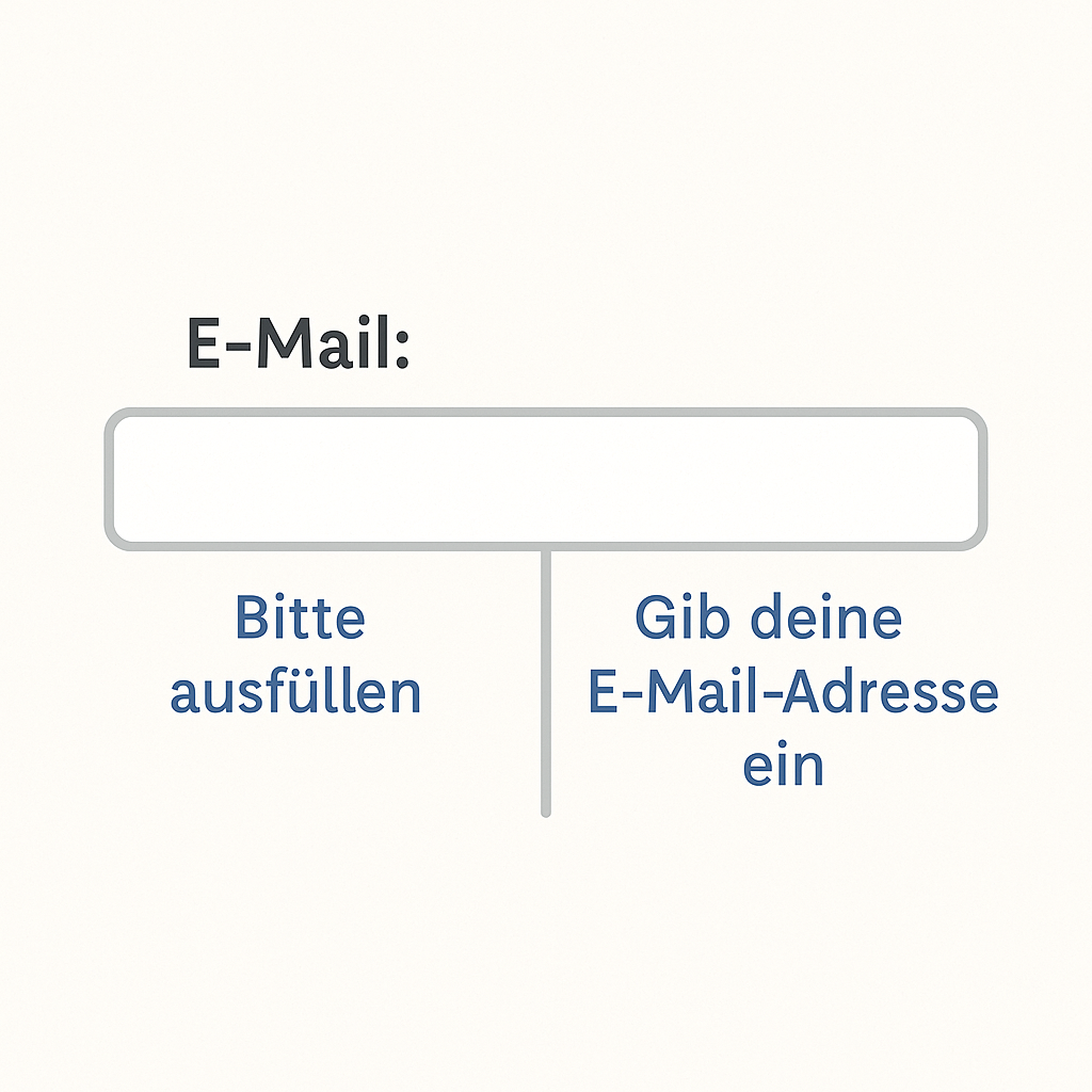Zwei Varianten eines E-Mail-Eingabefelds mit Hilfetexten: links steht „Bitte ausfüllen“, rechts „Gib deine E-Mail-Adresse ein“