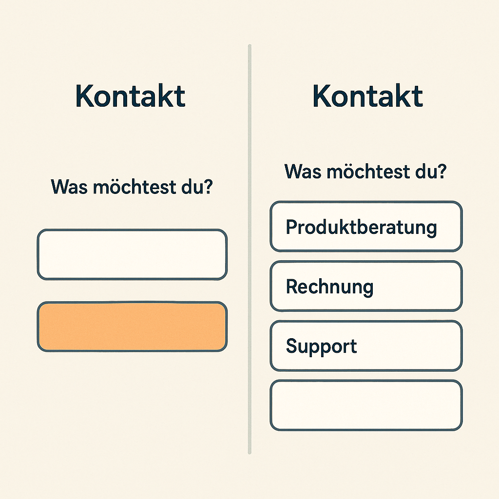 Zwei Kontaktformulare im Vergleich: links ein Freitextfeld mit der Frage „Was möchtest du?“, rechts drei Auswahlbuttons mit den Optionen „Produktberatung“, „Rechnung“ und „Support“.