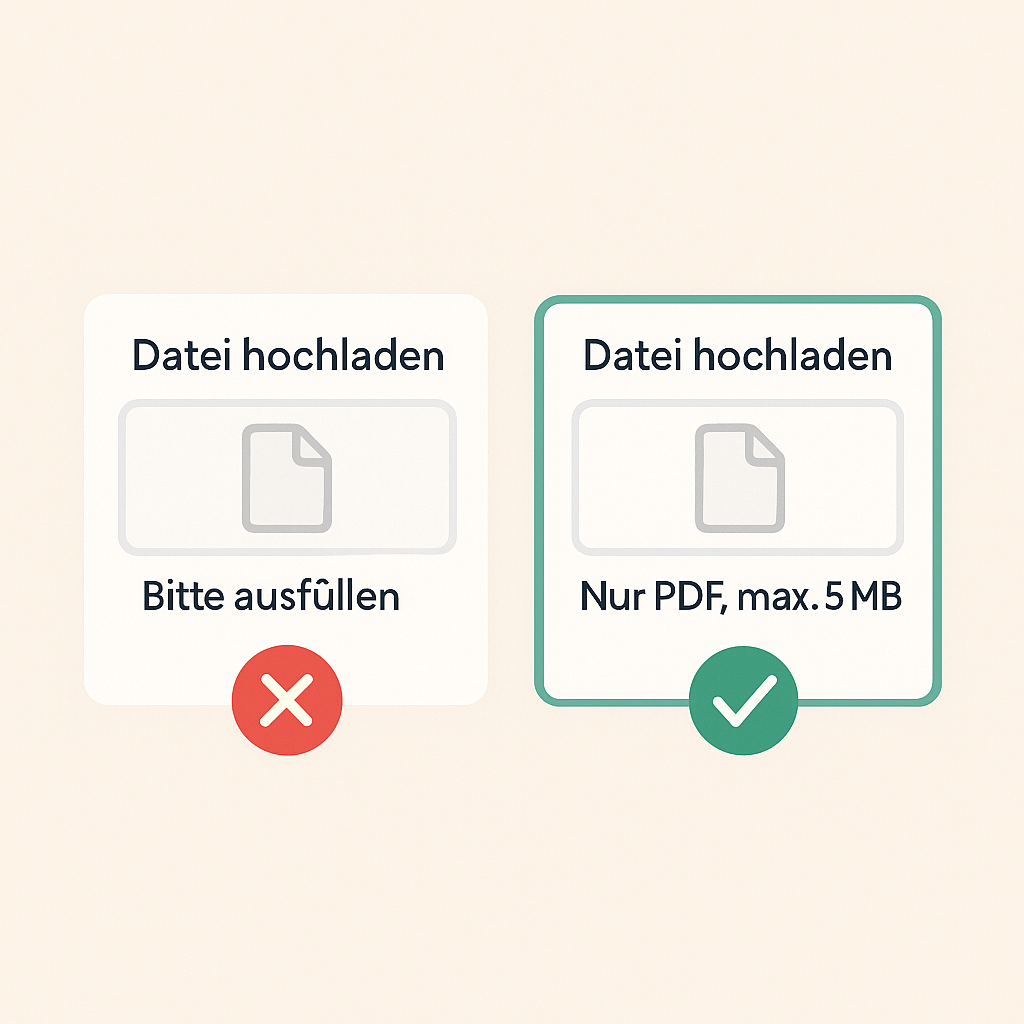 Zwei Dateiupload-Felder im Vergleich: links mit dem Hinweis „Bitte ausfüllen“ und rotem X, rechts mit dem Hinweis „Nur PDF, max. 5 MB“ und grünem Haken.