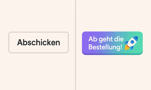Zwei Buttons im Vergleich: links ein schlichter Button mit dem Text „Abschicken“, rechts ein bunter Button mit dem Text „Ab geht die Bestellung!“ und einem Raketen-Icon.