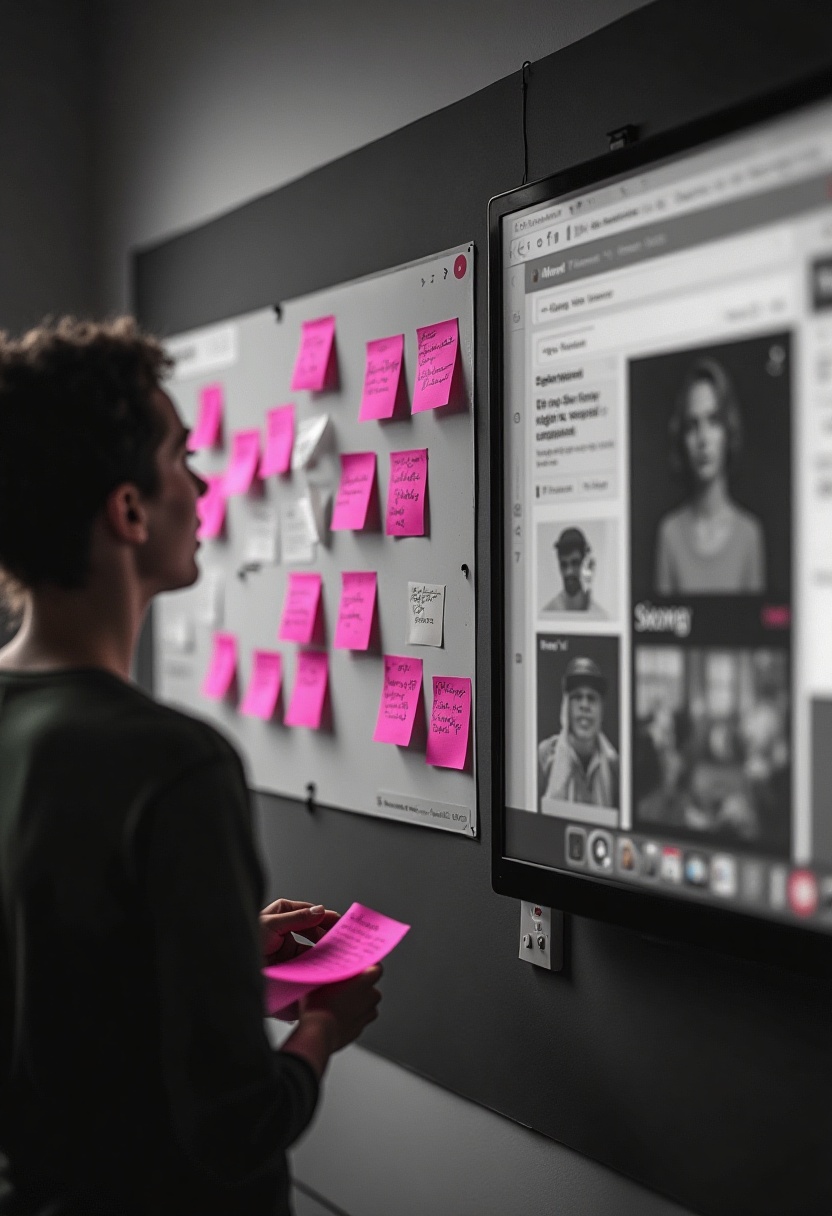 Person die auf ein Whiteboard schaut und mit zetteln brainstormt