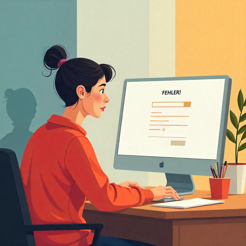 Illustration: Eine Frau sitzt frustriert am Laptop wegen einer unklaren Fehlermeldung.