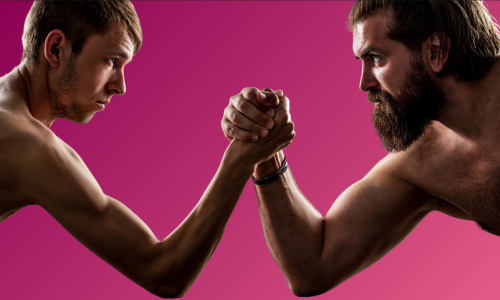 SEO & SEA: Der Unterschied zwischen Ehemann und Callboy. Zwei Männer beim Armdrücken