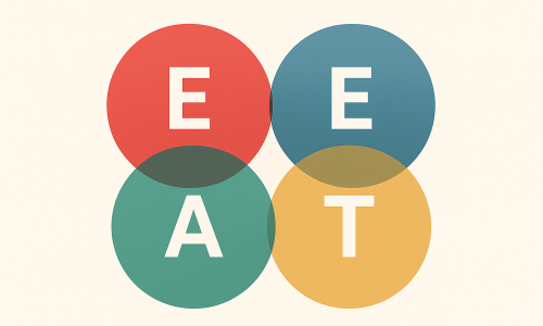 Minimalistisches Querformat-Design mit vier farbigen, überlappenden Kreisen, beschriftet mit den Buchstaben E, E, A und T.