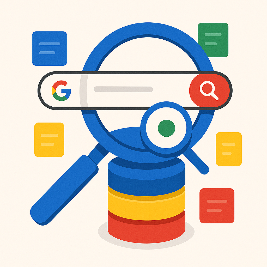 Illustration im Flat-Design zeigt eine stilisierte Google-Suchleiste mit Lupe vor einem farbigen Datenbanksymbol in den Google-Farben Blau, Rot, Gelb und Grün.