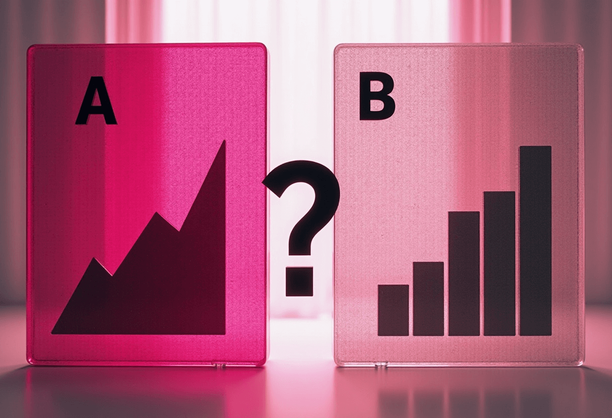 Visualisierung von A/B Testing und Ergebnissen: zwei Felder mit den Bezeichnungen „A“ und „B“, jeweils mit klaren, minimalen Diagrammen oder Grafiken (z. B. Balkendiagramme, Liniendiagramme)