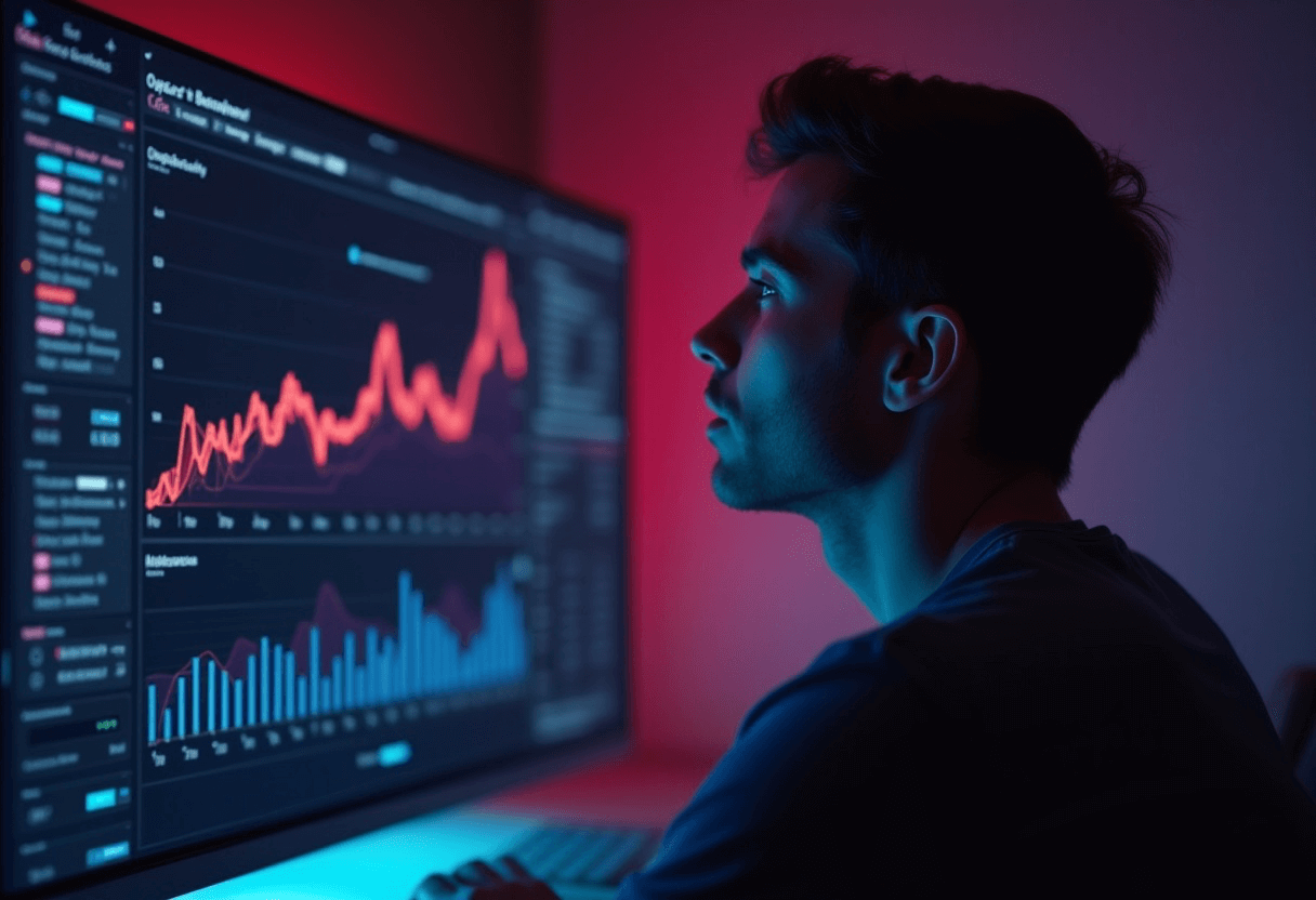 Ein digitaler Vermarkter oder Analyst schaut auf ein Webanalyse-Dashboard, das mit Klickdaten von einem A/B Testing gefüllt ist