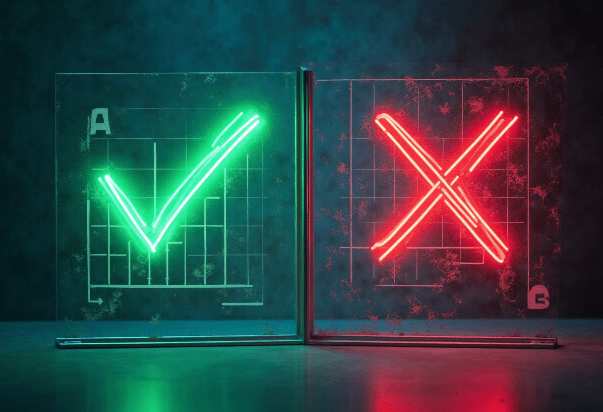 Ein konzeptionelles Split-Screen-Bild: links ein grünes Häkchen über einem sauberen Datendiagramm mit der Bezeichnung „A“, rechts ein rotes Kreuz über einem unordentlichen oder unterbrochenen Diagramm mit der Bezeichnung „B“, abstrakter Hintergrund mit minimalem Design, für A/B Testing