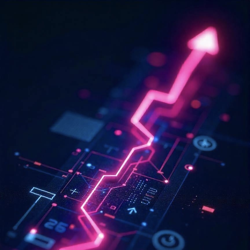 Abstrakter digitaler Pfad aus Klicksymbolen oder Mauszeigern von A/B Testing, der sich wie eine Treppe oder Wachstumskurve nach oben bewegt. Entlang des Pfads verschiedene UI-Elemente wie Buttons, Formulare, Content-Blöcke – leicht verändert, um A/B-Tests zu symbolisieren. Moderner Hintergrund mit Analysediagrammen oder Raster.