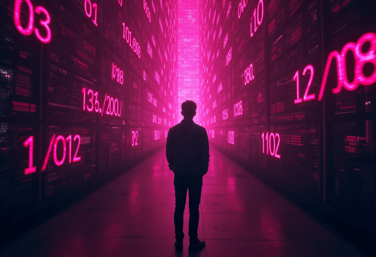 Eine abstrakte Konzeptillustration, die eine Person zeigt, die auf eine Wand mit fließenden Zahlen und A/B Testing blickt und verwirrt oder verloren wirkt.