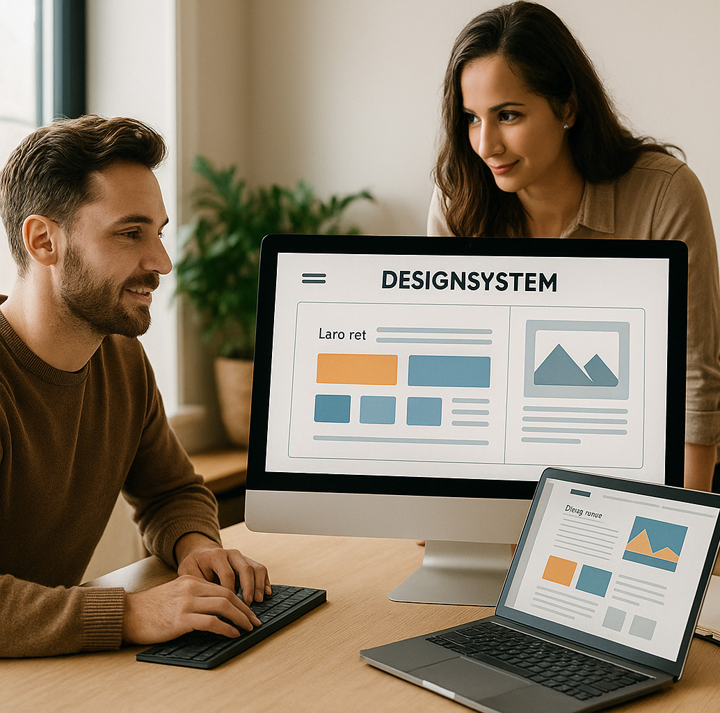 Ein Mann sitzt am Schreibtisch und erstellt für Laptop und Desktop Bildschirm Content-Guidelines für ein bestimmtes Kundendesign. Eine Frau steht neben dem Schreibtisch und prüft die geplanten Elemente.