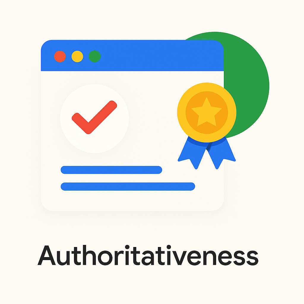 Illustration im Flat-Design: Eine Website mit Häkchen und goldener Medaille – Symbol für Glaubwürdigkeit und Autorität im Netz.