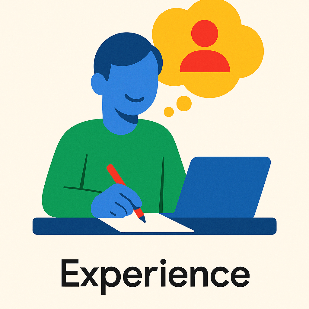 Illustration im Flat-Design: Eine Person schreibt auf Papier, über ihr eine Gedankenblase mit einem roten Profil-Icon – Symbol für persönliche Erfahrung.