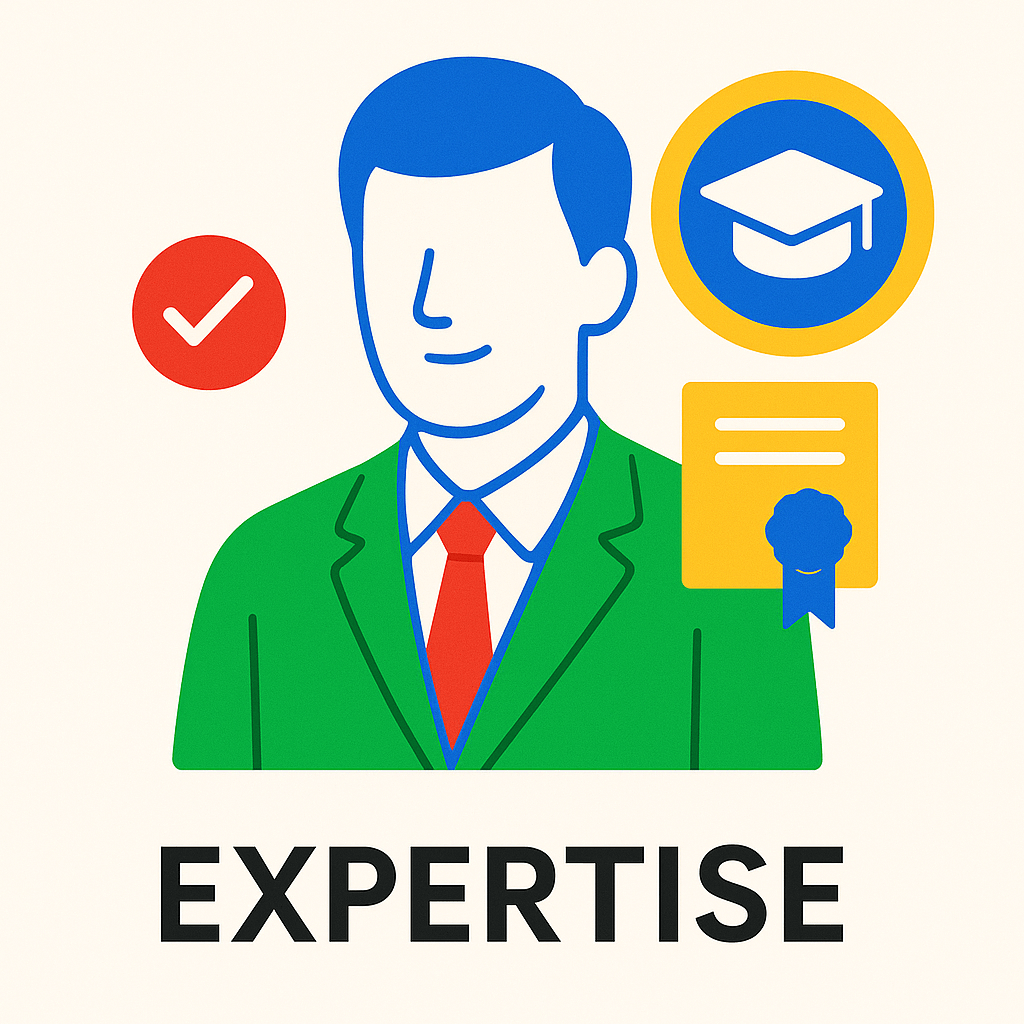 Illustration im Flat-Design: Ein Experte im Anzug mit Symbolen für Wissen und Zertifizierung – steht für Fachkompetenz und Expertise.