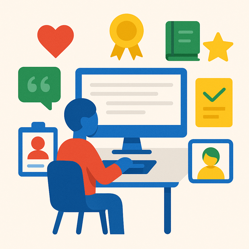 Illustration im Flat-Design zeigt eine Person an einem Schreibtisch, umgeben von Symbolen für vertrauenswürdigen, nutzerzentrierten Content – etwa Herz, Auszeichnung, Buch, Zitat und Profilbild – in den Google-Farben.