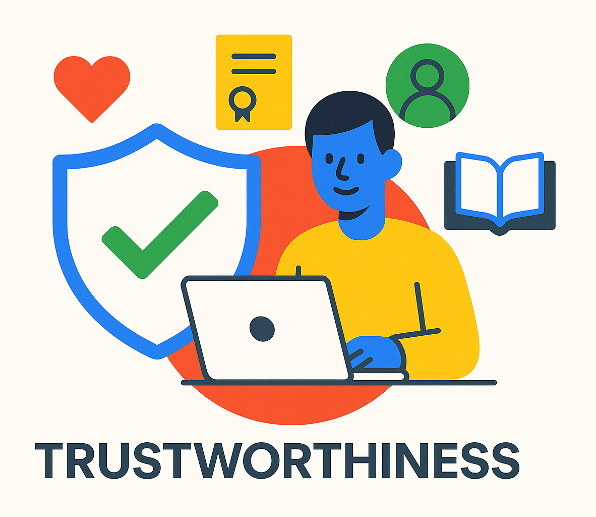 Illustration im Flat-Design zeigt eine Person am Laptop, umgeben von Symbolen wie Schild, Häkchen, Zertifikat und Herz – mit dem Wort „Trustworthiness“ darunter.