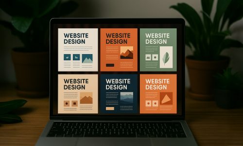 Ein Laptop zeigt mehrere Designbeispiele nebeneinander, die zeigen, wie einheitliche Designsysteme mit verschiedenen Farben und Anordnung von Elementen varrieren können