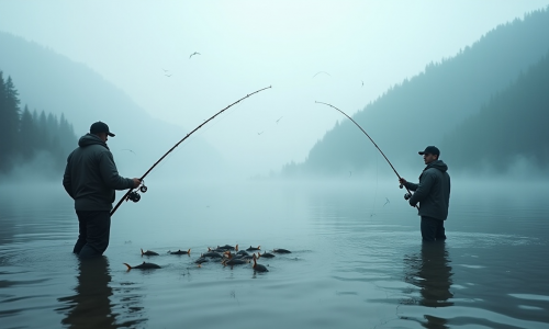 Zwei Angler stehen sich in einem nebligen See gegenüber, halten ihre Ruten ins Wasser, während sich zwischen ihnen ein Schwarm Fische sammelt.