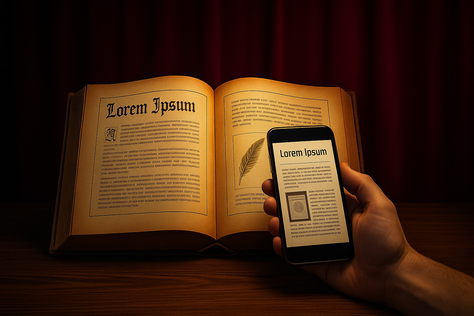 Ein altes Buch mit kaligrafischen Elementen und Beschreibungstexten liegt im Hintergrund auf einer Holzplatte. Im Vordergrund hält eine Hand ein Smartphone vor das Buch, auf dem Monitor sind dieselben Texte zu sehen, in weboptimierter Umsetzung. So wird die Adaption von Content für modernes Webdesign visualisiert.
