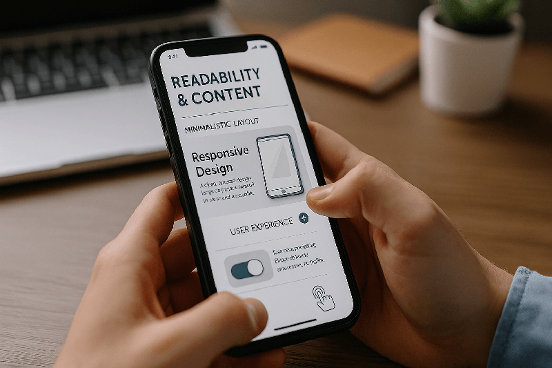 Eine Person hält ein Smartphone, der Bildschrim zeigt eine Benutzeroberfläche mit Respnsive Webdesign Elementen als Beispiel, wie modernes Webdesign auf schmalen Monitorgrößen umgesetzt werden sollte.
