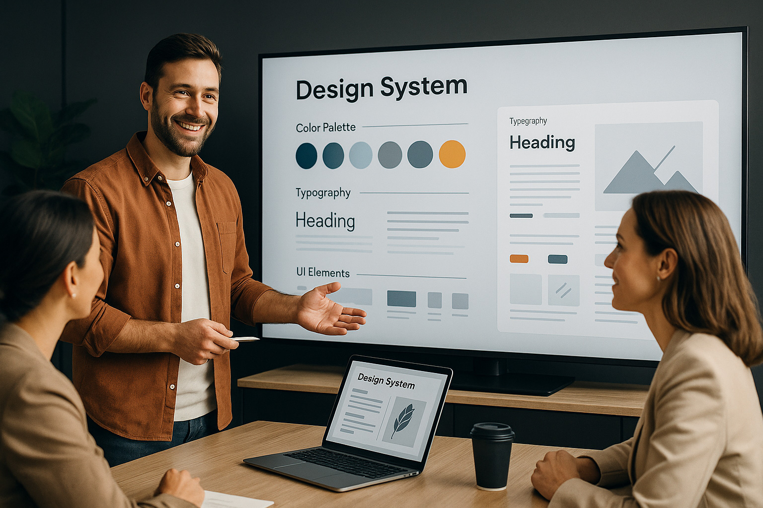 Präsentation von einem Designsystem mit Platzhalterelementen im Marketingteam mit dem Kunden, der Berater zeigt einen großen Monitor mit Corporate design Elementen und Webdesign Elementen sowie einen Laptop mit mobilen Designanpassungen